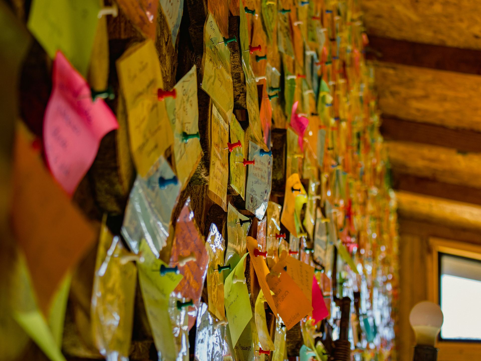 Colorful wall of papers representing diverse voices and community input